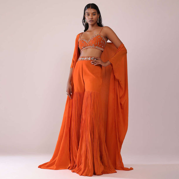 Orange Sharara And Embroidered Blouse Set With Floor Length Shrug In Crepe