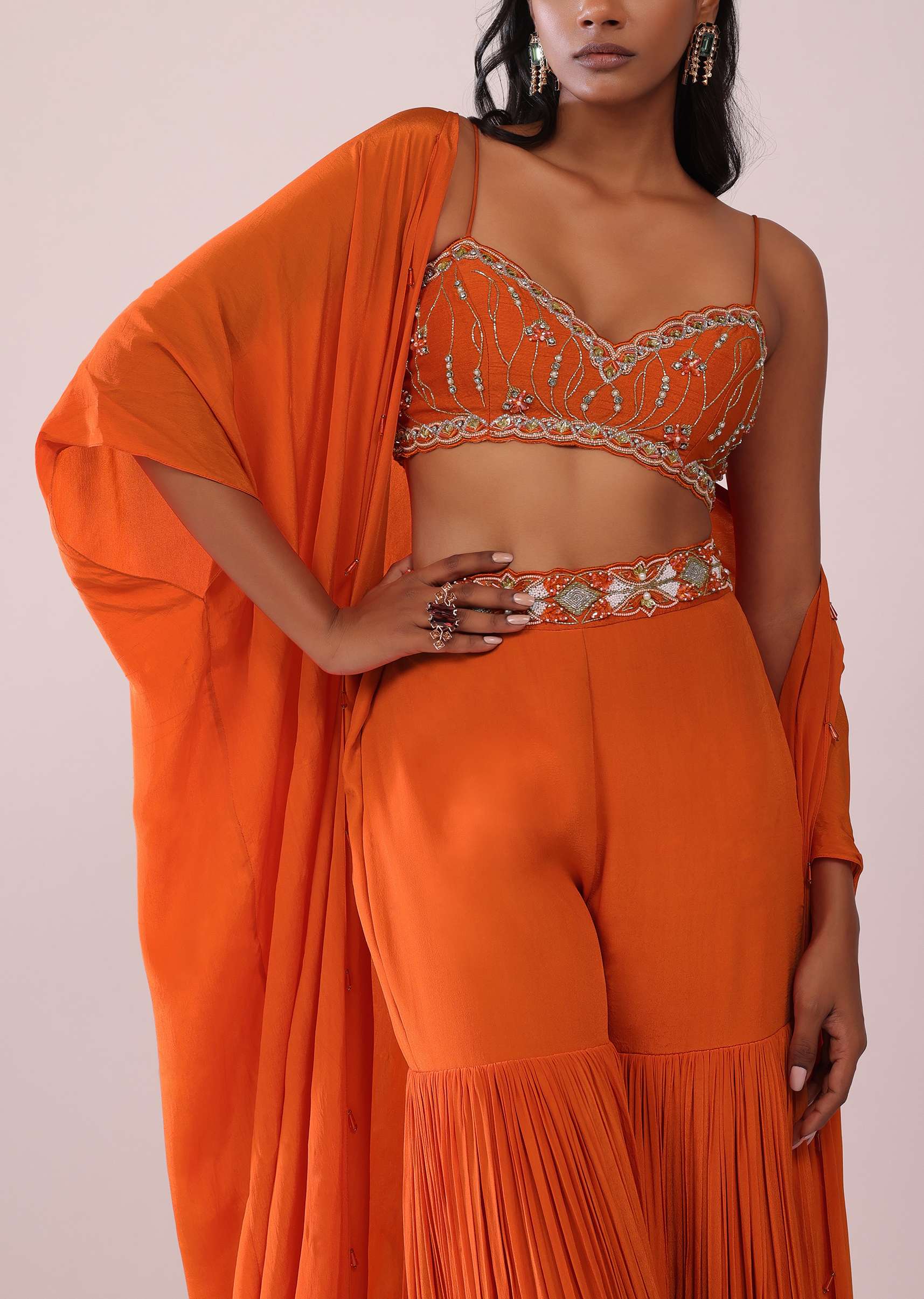 Orange Sharara And Embroidered Blouse Set With Floor Length Shrug In Crepe