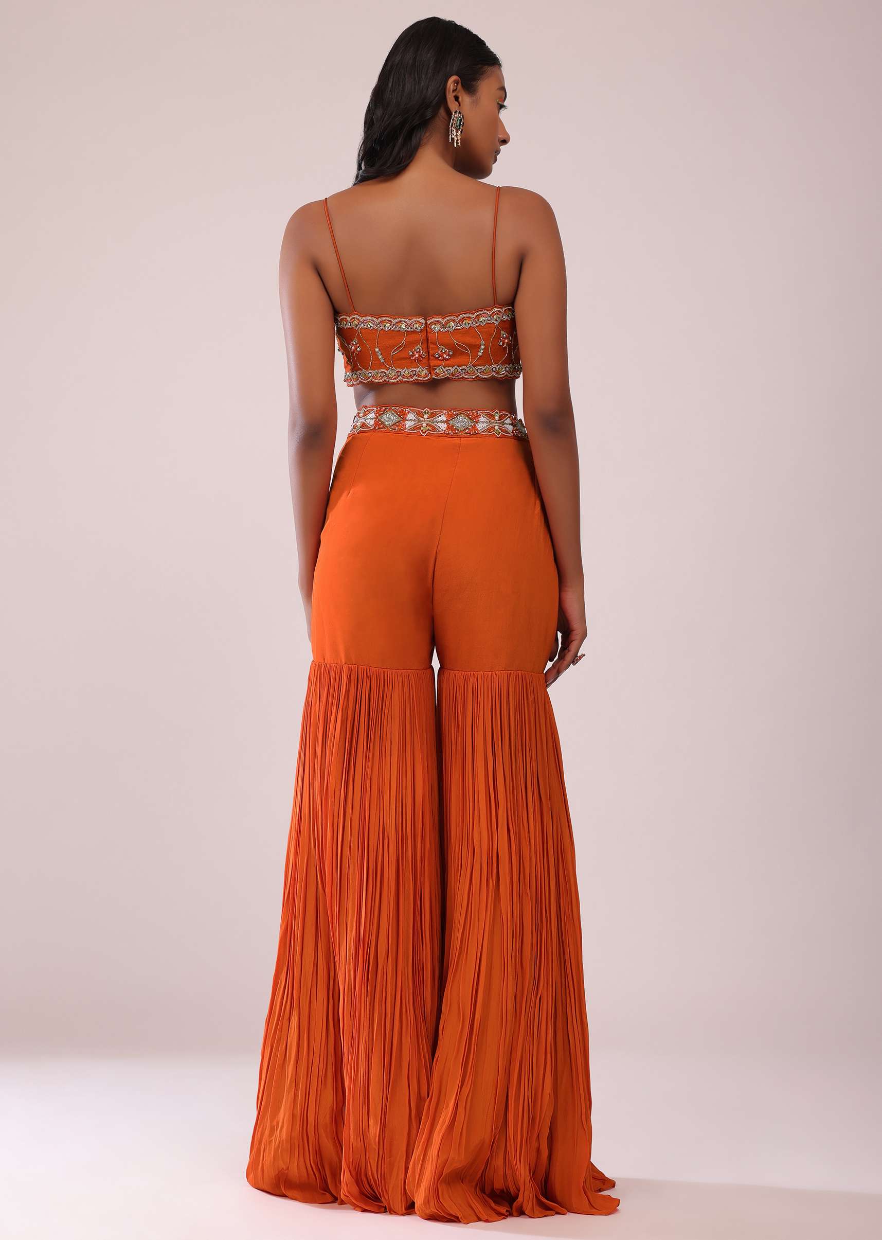 Orange Sharara And Embroidered Blouse Set With Floor Length Shrug In Crepe