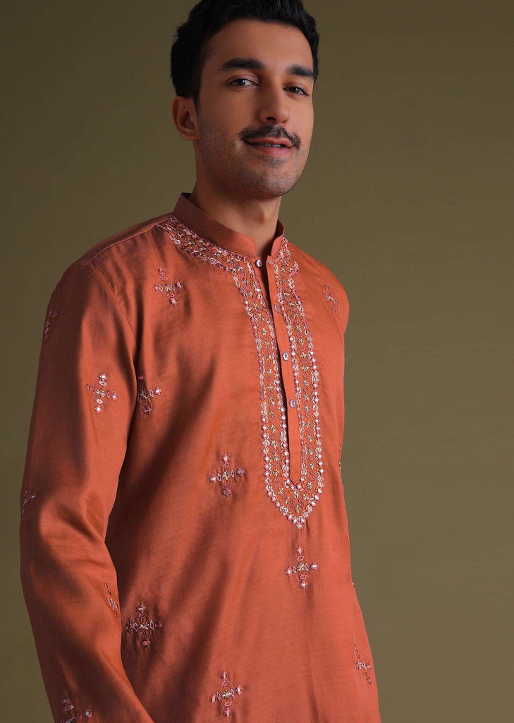 Fire Orange Silk Kurta Set With Mirror Embroidery