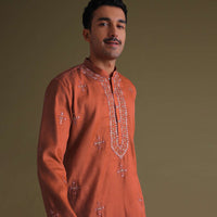 Fire Orange Silk Kurta Set With Mirror Embroidery