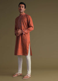 Fire Orange Silk Kurta Set With Mirror Embroidery