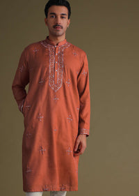 Fire Orange Silk Kurta Set With Mirror Embroidery