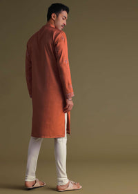 Fire Orange Silk Kurta Set With Mirror Embroidery