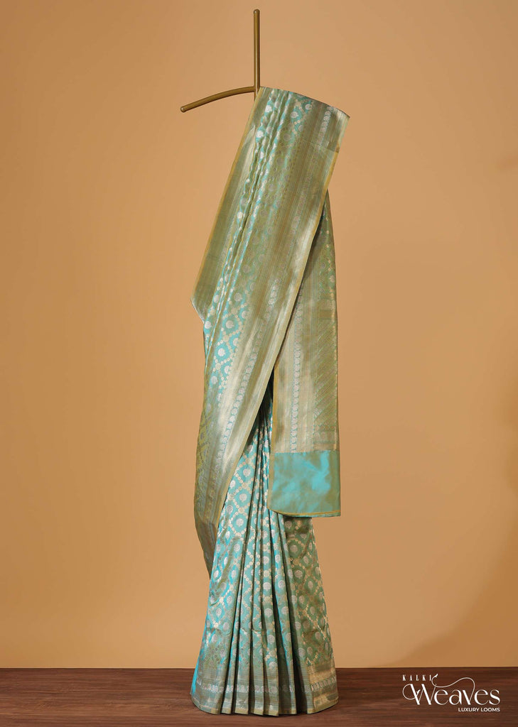 Firozi Blue Handloom Banarasi Saree In Uppada Silk With Gold-Silver Weave And Unstitched Blouse