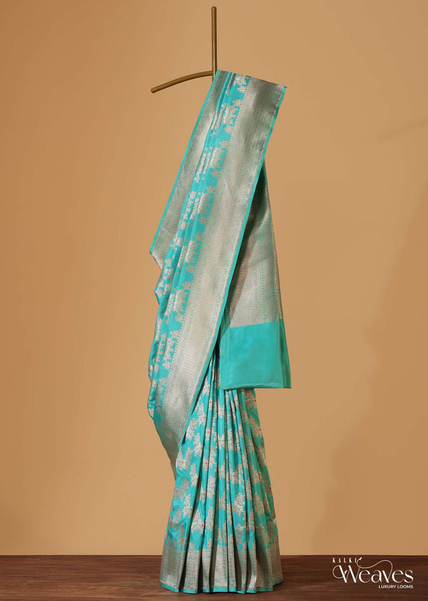 Firozi Blue Handloom Banarasi Saree In Uppada Silk With Gold Woven Meenakari Buttis And Unstitched Blouse