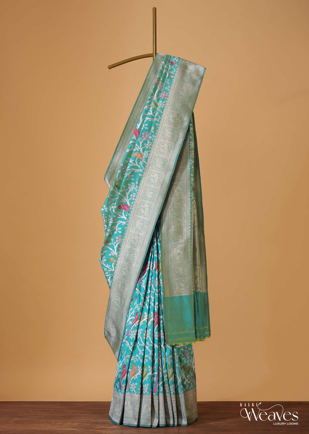 Firozi Blue Handloom Banarasi Saree In Katan Silk With Meenakari Jaal Work And Unstitched Blouse