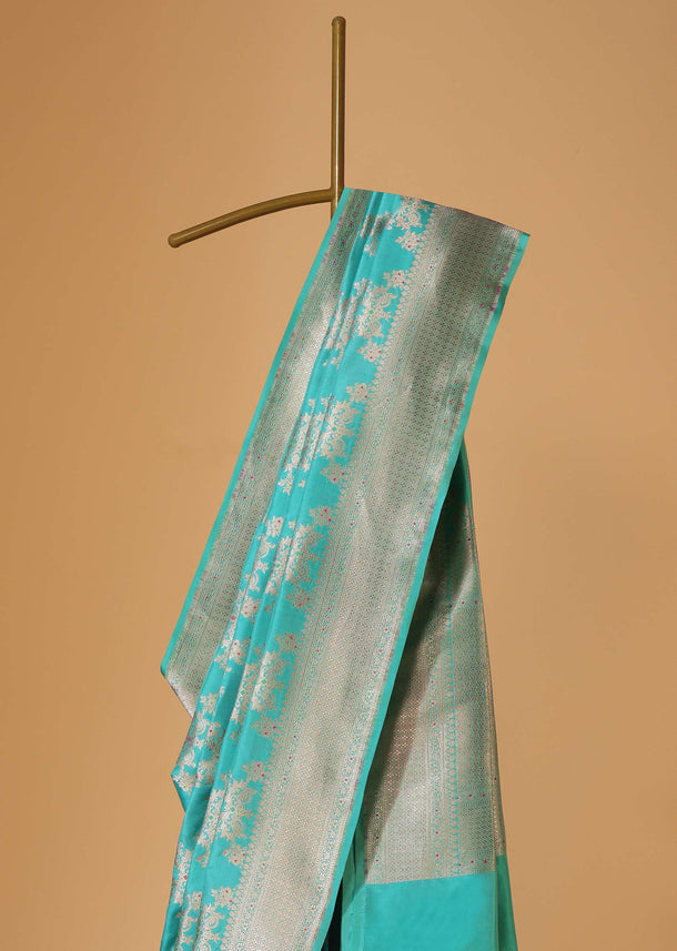 Firozi Blue Handloom Banarasi Saree In Uppada Silk With Gold Woven Meenakari Buttis And Unstitched Blouse