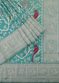 Firozi Blue Handloom Banarasi Saree In Katan Silk With Meenakari Jaal Work And Unstitched Blouse