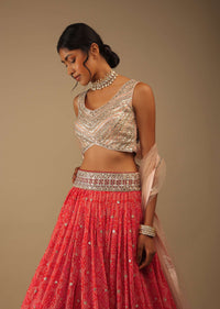 Flame Scarlet And Dahlia Pink Lehenga With A Crop Top In Digital Bandhani Print, Choli Comes In Foil Applique Floral Embroidery Buttis