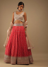 Flame Scarlet And Dahlia Pink Lehenga With A Crop Top In Digital Bandhani Print, Choli Comes In Foil Applique Floral Embroidery Buttis