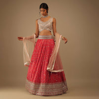 Flame Scarlet And Dahlia Pink Lehenga With A Crop Top In Digital Bandhani Print, Choli Comes In Foil Applique Floral Embroidery Buttis