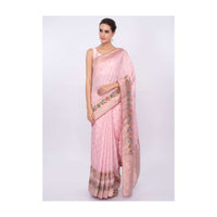 Flamingo pink linen saree with weaved and zardosi work  only on Kalki