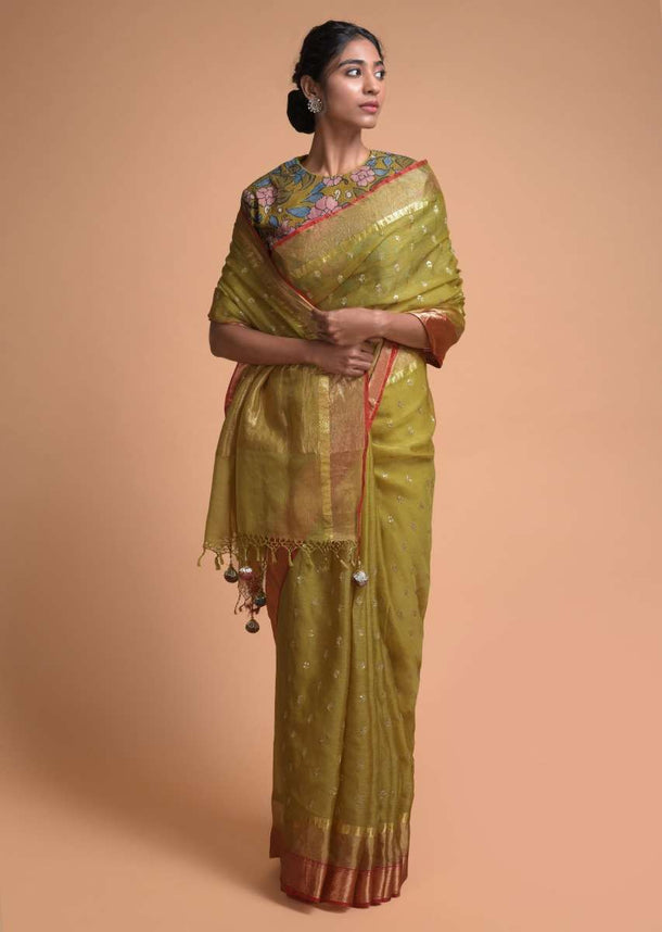 Flax Yellow Saree In Silk With Sequins And Zari Buttis In Leaf Motifs With Floral Printed Blouse Online - Kalki Fashion