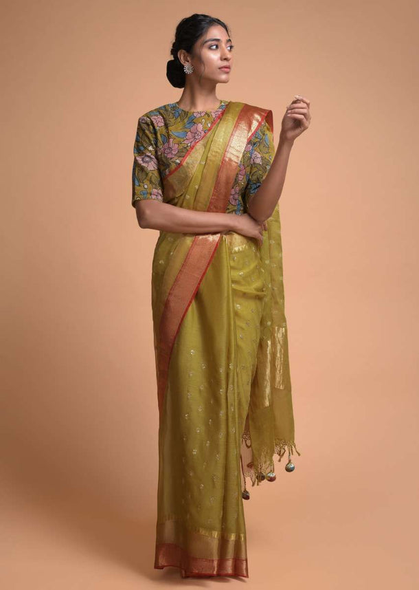 Flax Yellow Saree In Silk With Sequins And Zari Buttis In Leaf Motifs With Floral Printed Blouse Online - Kalki Fashion