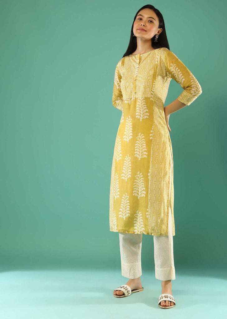 Flax Yellow Straight Cut Kurta In Cotton With Batik Printed Leaf Motifs Online - Re By Kalki