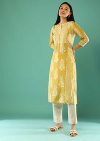 Flax Yellow Straight Cut Kurta In Cotton With Batik Printed Leaf Motifs Online - Re By Kalki