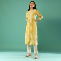 Flax Yellow Straight Cut Kurta In Cotton With Batik Printed Leaf Motifs Online - Re By Kalki
