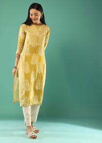 Flax Yellow Straight Cut Kurta In Cotton With Batik Printed Leaf Motifs Online - Re By Kalki