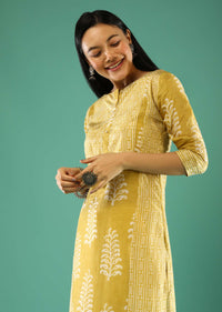 Flax Yellow Straight Cut Kurta In Cotton With Batik Printed Leaf Motifs Online - Re By Kalki