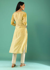 Flax Yellow Straight Cut Kurta In Cotton With Batik Printed Leaf Motifs Online - Re By Kalki