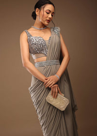 Flint Grey Ready-Pleated Saree With A Crop Top Embellished In Sequins With A Corset Neckline