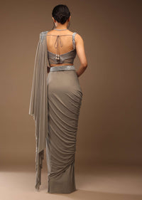 Flint Grey Ready-Pleated Saree With A Crop Top Embellished In Sequins With A Corset Neckline