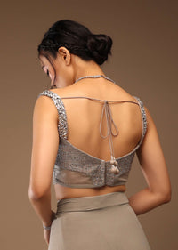 Flint Grey Ready-Pleated Saree With A Crop Top Embellished In Sequins With A Corset Neckline