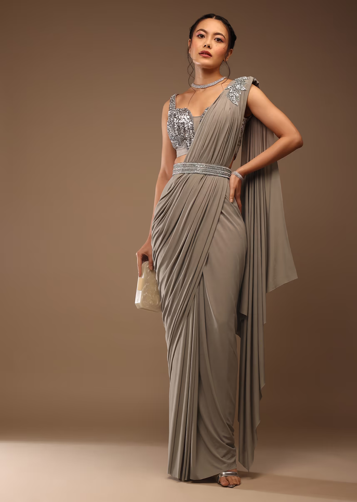 Flint Grey Ready-Pleated Saree With A Crop Top Embellished In Sequins With A Corset Neckline