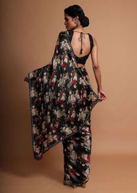 Floral digital printed black saree with applique work Online - Kalki Fashion