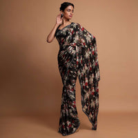 Floral digital printed black saree with applique work Online - Kalki Fashion