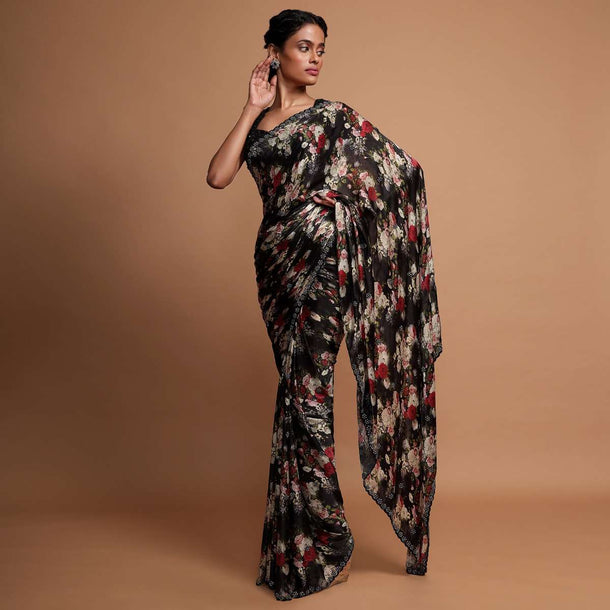 Floral digital printed black saree with applique work Online - Kalki Fashion