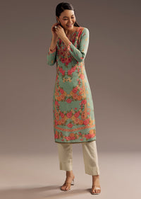 Floral Print Crepe Kurta With Cutdana Work