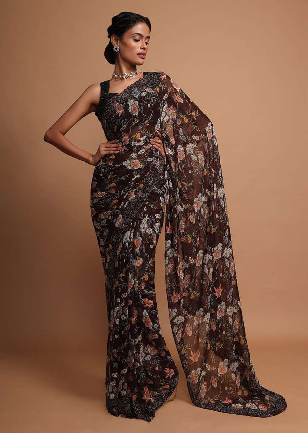 Floral printed brown georgette saree with cut dana  and moti embroidered border Online - Kalki Fashion