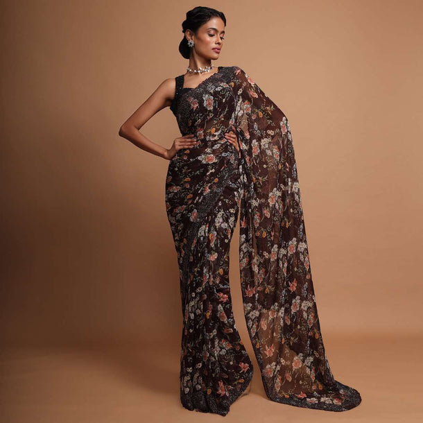 Floral printed brown georgette saree with cut dana  and moti embroidered border Online - Kalki Fashion