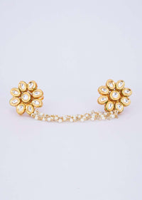 Floral shape polki kundan rings with attached multi layer moti chain only on Kalki