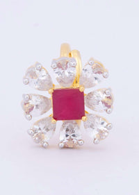 Floral shape ring with pearl cut diamond and pink princess cut stone only on kalki