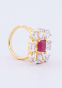 Floral shape ring with pearl cut diamond and pink princess cut stone only on kalki