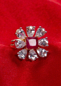 Floral shape ring with pearl cut diamond and pink princess cut stone only on kalki