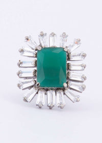 Floral shape sliver ring with dazzling buggle beads and emerald green stone only on Kalki