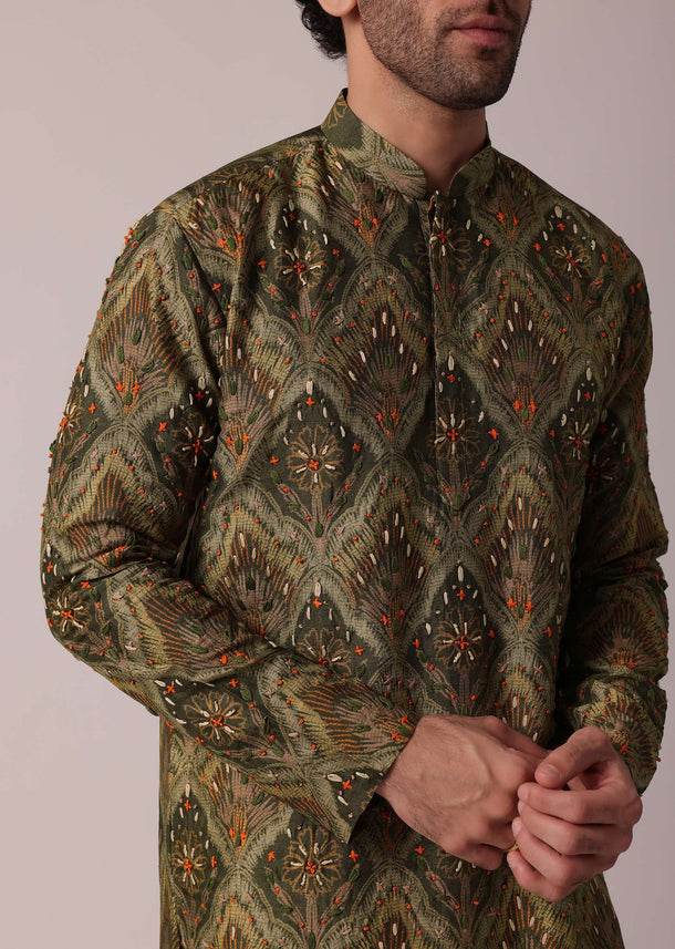 Floral Printed Green Festive Silk Kurta Set For Men