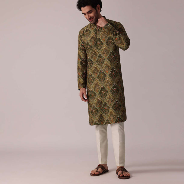 Floral Printed Green Festive Silk Kurta Set For Men