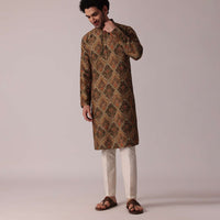 Floral Printed Green Festive Silk Kurta Set For Men