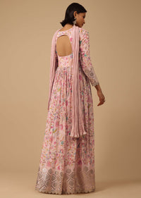 Floral Printed Powder Pink Anarkali Suit Set In Chinon With Gotta Work