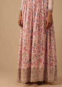 Floral Printed Powder Pink Anarkali Suit Set In Chinon With Gotta Work