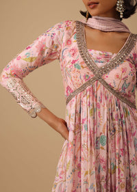 Floral Printed Powder Pink Anarkali Suit Set In Chinon With Gotta Work
