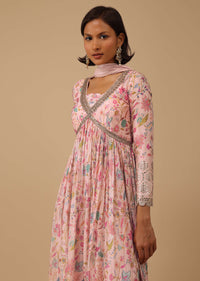 Floral Printed Powder Pink Anarkali Suit Set In Chinon With Gotta Work