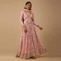 Floral Printed Powder Pink Anarkali Suit Set In Chinon With Gotta Work