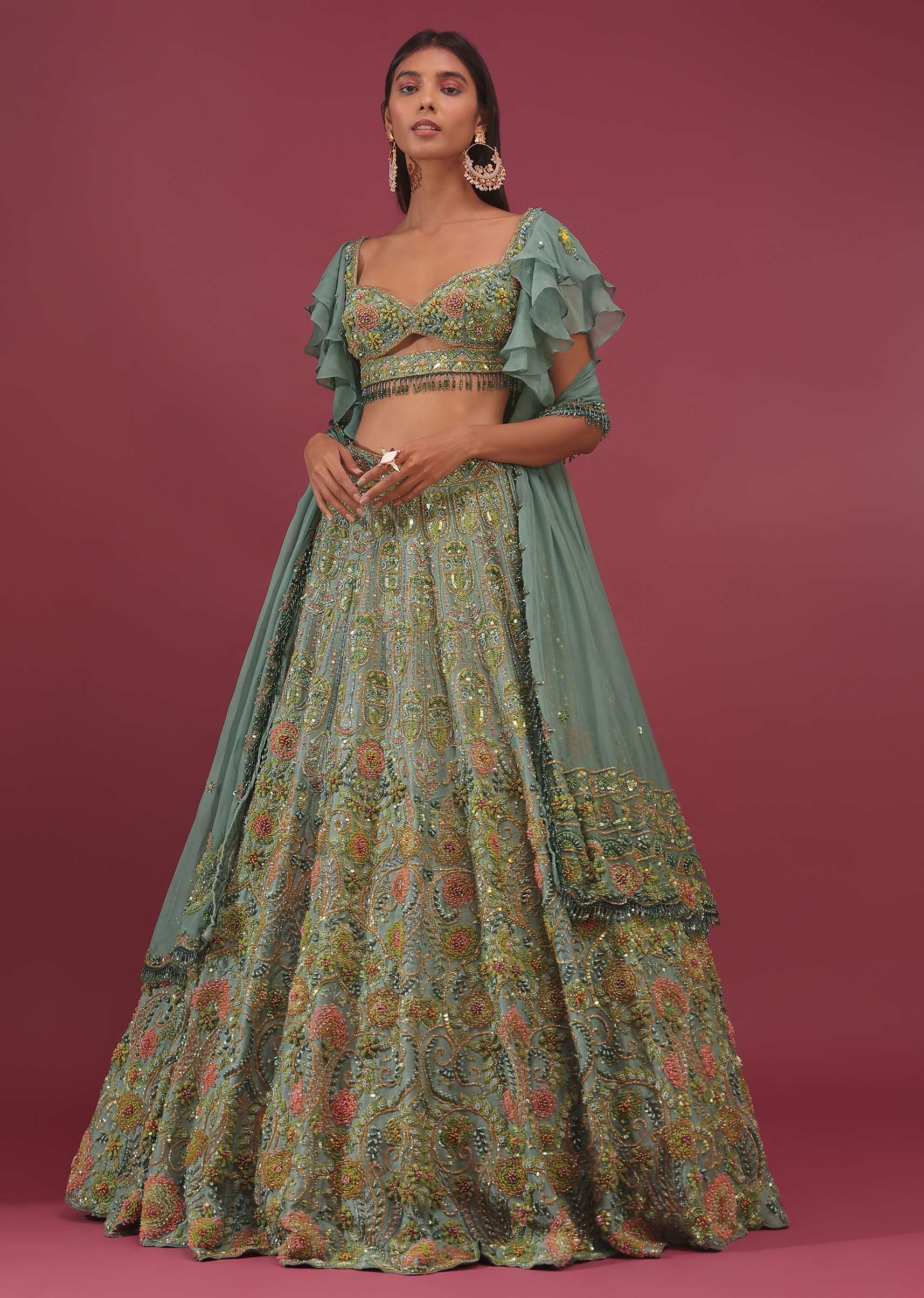 Pista Green Lehenga Set With Net Ruffle Shrug - NOOR 2022