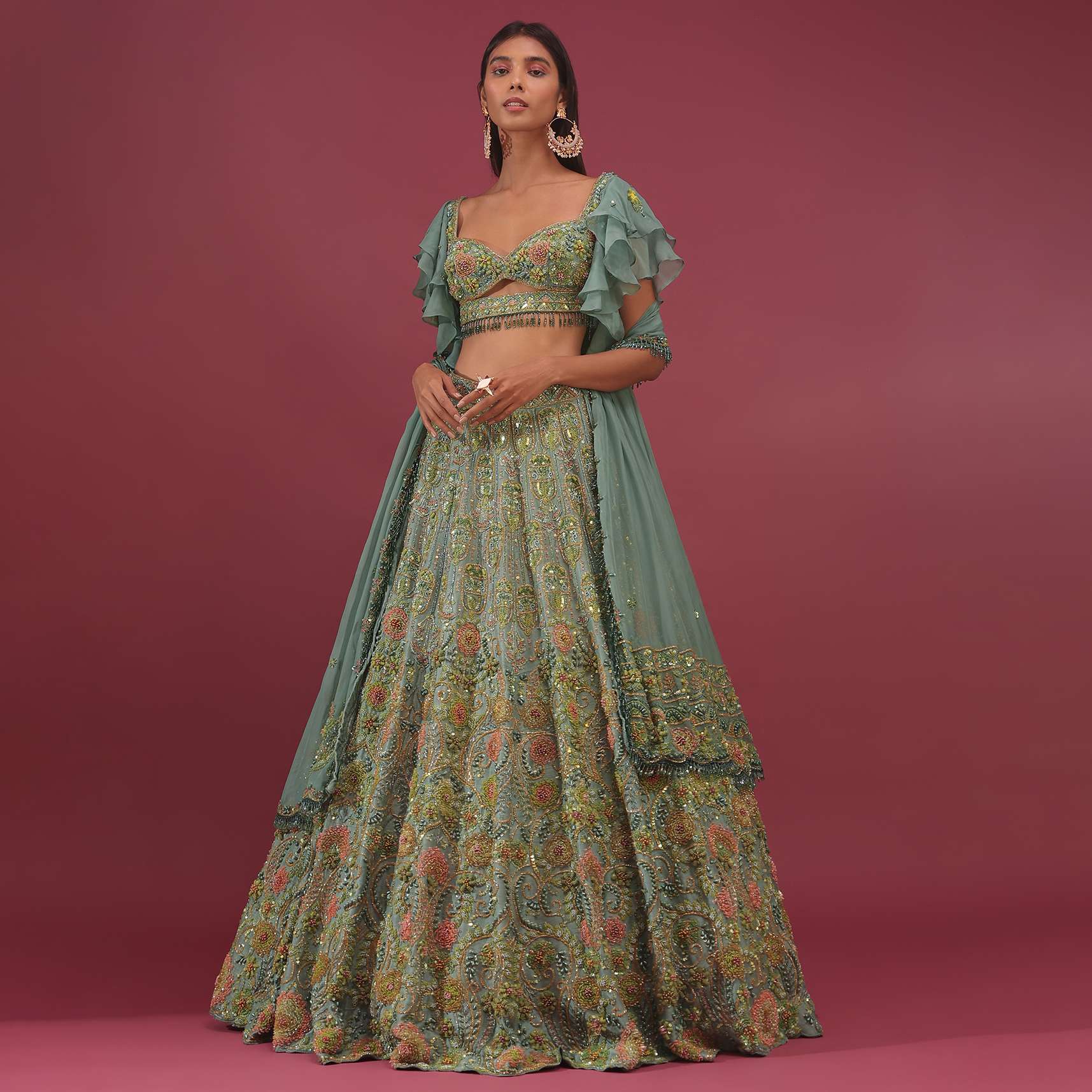 Pista Florid Lehenga Set With Net Ruffle Shrug - NOOR 2022